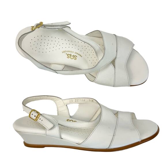 SAS Tripad Comfort White Cross-Strap Sandals Leather Kitten Wedge Heel Size 8.5M - Picture 1 of 11
